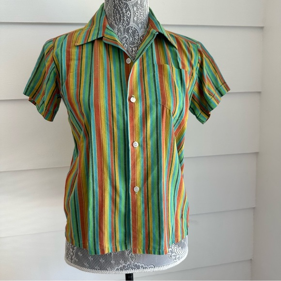 Vintage 70s Striped Button Up Camp Shirt by Mambro - Picture 3 of 6